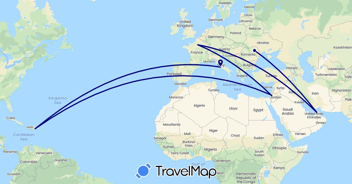 TravelMap itinerary: driving in United Arab Emirates, Dominican Republic, France, Israel, Romania, Vatican City (Asia, Europe, North America)